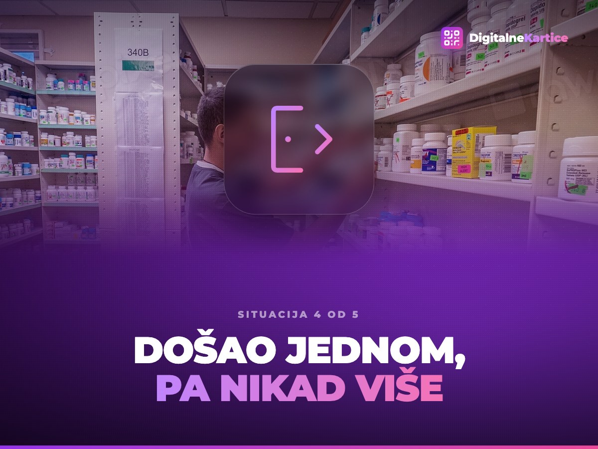 Došao jednom, pa nikad više. Kupac prvi put ulazi u apoteku, pogled na police
