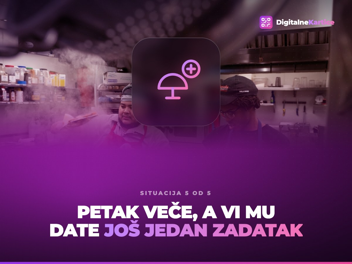 Petak veče, i vi mu date još jedan zadatak. Konobar nosi tanjire kroz punu salu u špicu