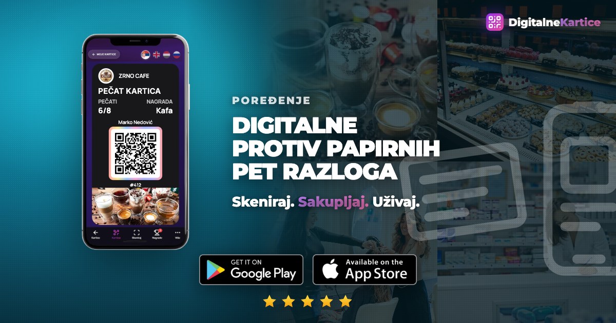 Poređenje digitalne i papirne loyalty kartice: pečati stoje u telefonu umesto na kartonu koji se gubi